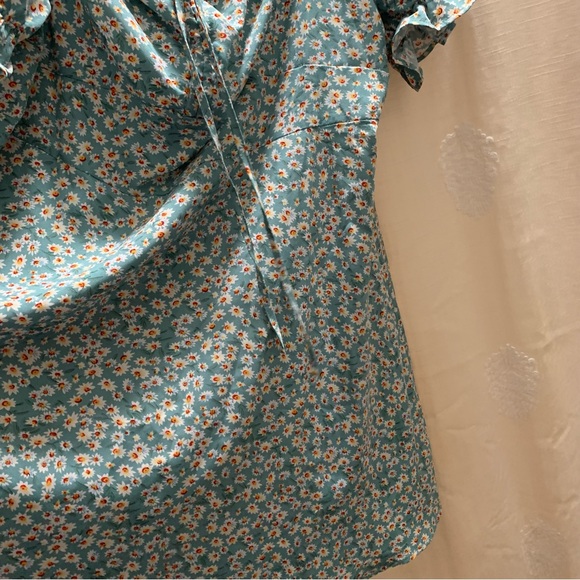 Blue Green Ditsy Floral Print Puff Sleeve Drawstring Self-Tie Ruched Bust Dress - Picture 7 of 16